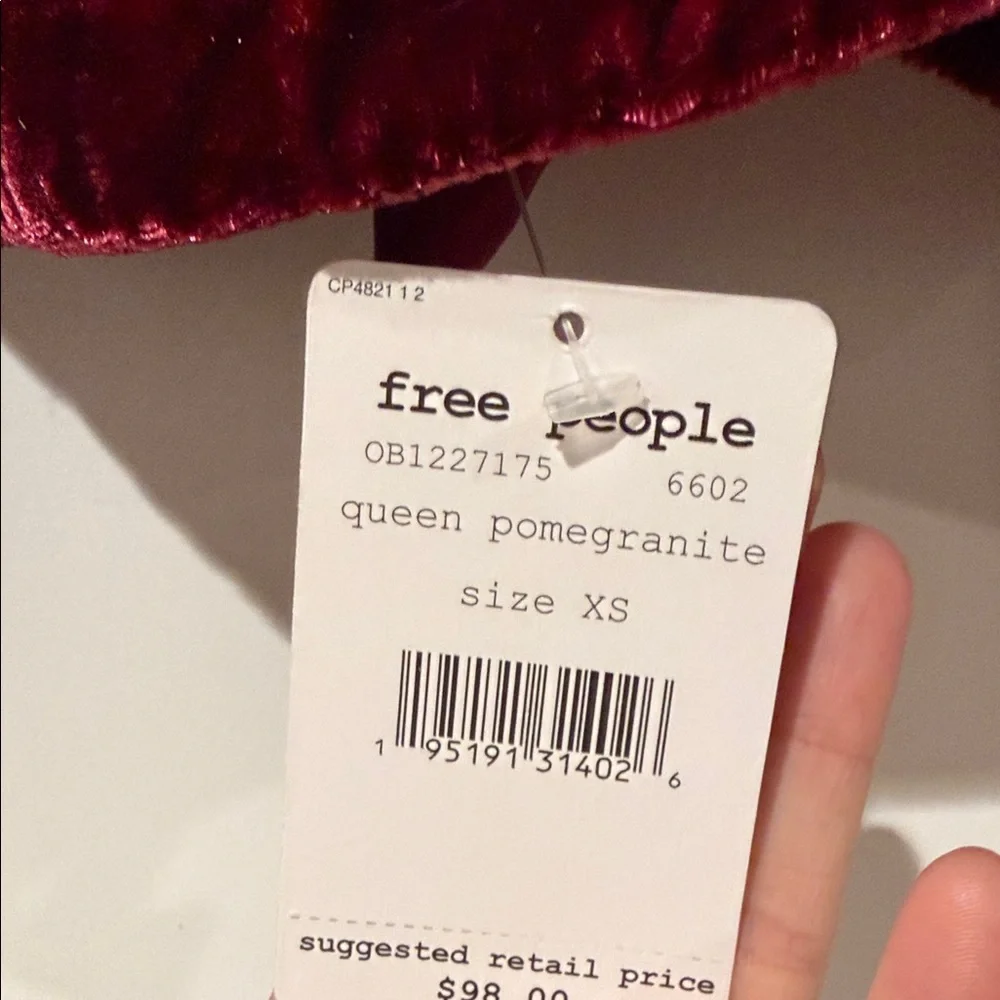 Free People Velvet puff sleeve cropped Burgundy Blouse with‎ tie in back XS NWT